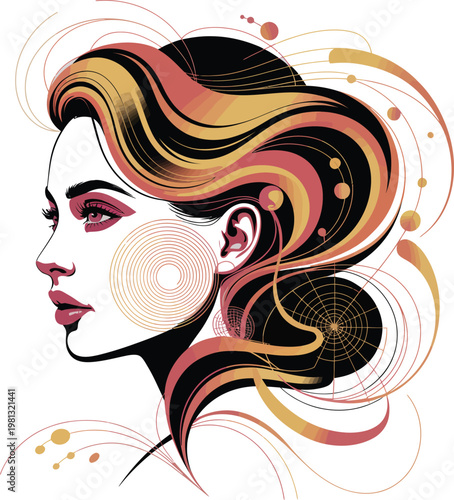 Beautiful female profile portrait with flowing wavy hair and geometric lines vector; artistic woman face design for beauty, salon, fashion, and luxury branding.
