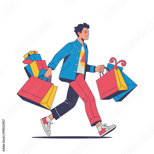 Young man walking with colorful shopping bags vector illustration; conceptual art for retail, sale, consumerism, and lifestyle fashion promotion.