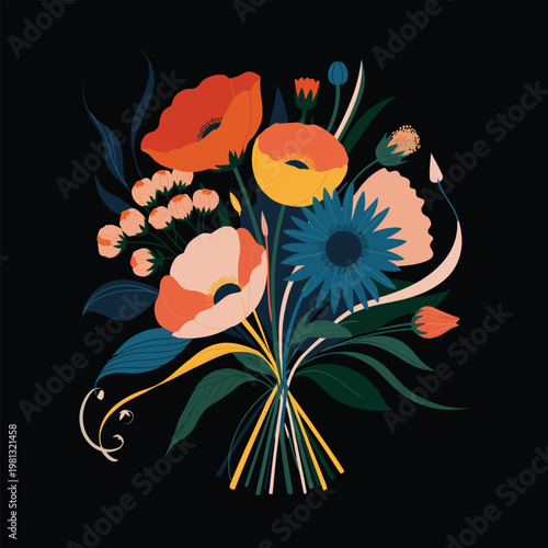 Artistic red and orange poppy flowers on black background vector illustration; elegant floral arrangement for high-contrast decor, cards, and nature art.