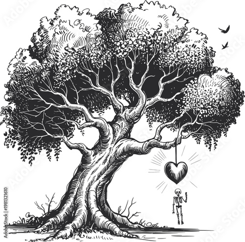 Artistic black and white old tree vector illustration with a hanging heart; detailed ink sketch style tree of life with roots and branches for symbolic, emotional, and concept design.