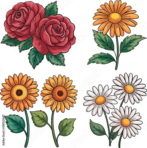 Beautiful floral collection featuring red roses, yellow sunflowers, and white daisies vector illustration; botanical garden flowers set for decorative design, greeting cards, and nature-themed art.