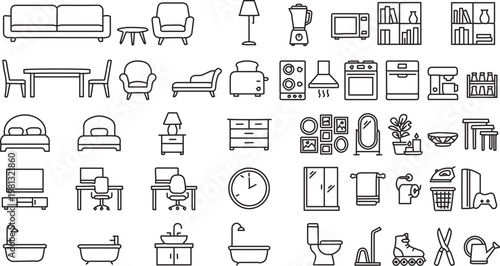 Modern Home Interior Outline Icon Set – Minimal Furniture and Decor Line Vector Pack
