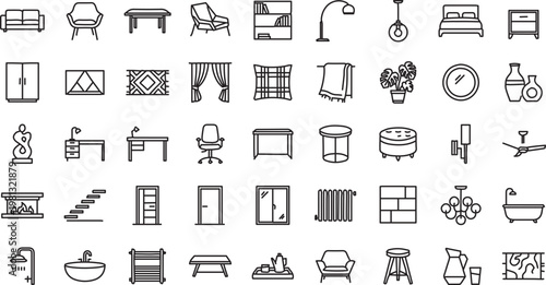 Modern Home Interior Outline Icon Set – Minimal Furniture and Decor Line Vector Pack