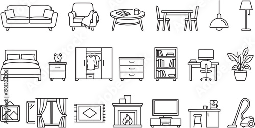 Modern Home Interior Outline Icon Set – Minimal Furniture and Decor Line Vector Pack