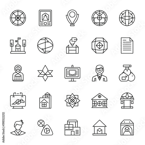 Diverse set of geography and architecture themed professional line icons