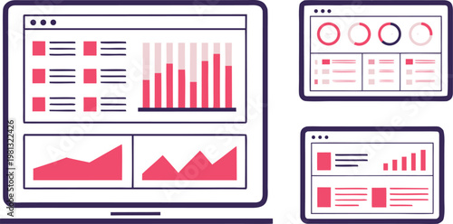 Digital dashboard interface with red data charts and graphs on a white background