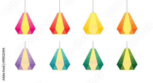 A collection of eight geometrically shaped pendant lamps in vibrant contrasting color schemes