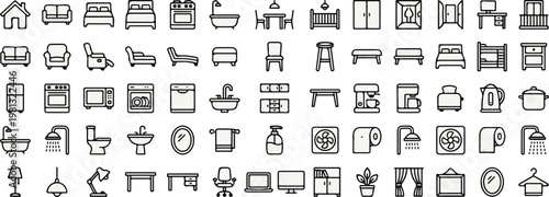 Modern Home Interior Outline Icon Set – Minimal Furniture and Decor Line Vector Pack