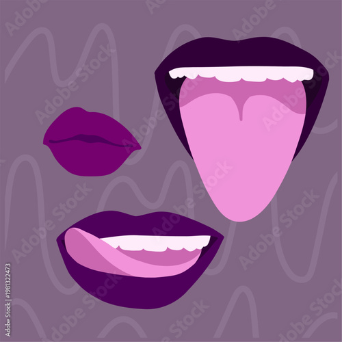 Abstract Purple Lips Illustration with Open Mouth and Tongue, Pop Art Style