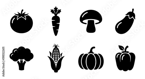 Minimalist vegetable icon set with 8 black solid glyphs, organic food symbols for grocery and cooking apps, flat vector silhouettes of fresh produce