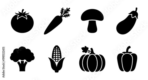 Minimalist vegetable icon set, black silhouette organic food symbols, collection of 8 flat vector illustrations for grocery and cooking apps