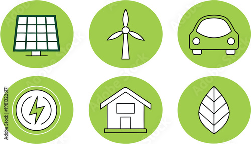 Eco-friendly technology including solar panel, wind turbine, and electric car in green