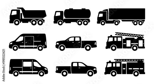 Commercial vehicle silhouette icons set, heavy truck and transport van vector collection, delivery and emergency service fleet graphics