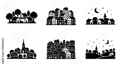 Minimalist village silhouette icons, black and white small town landscape vector set, rural community architecture and night city skyline graphics