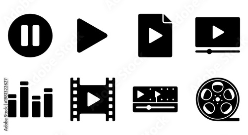 Minimalist video player icon set, black multimedia interface symbols, 8 vector elements for movie production and digital media streaming apps