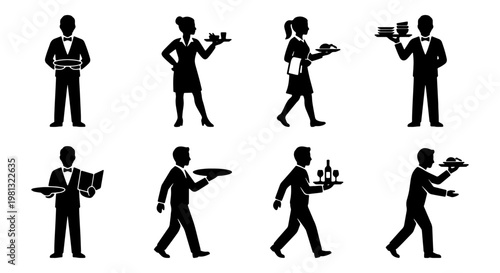 Professional waiter and waitress silhouettes set, 8 restaurant staff icons in black vector format, catering service workers carrying food trays and drinks