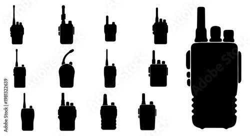 Walkie talkie silhouette icons set, portable radio transceiver vector collection, wireless communication device symbols for security and emergency services