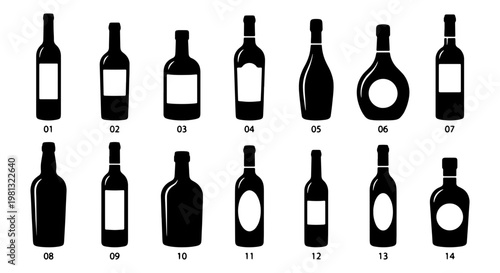 Black wine bottle silhouettes set, 14 alcohol glass bottle icons with blank labels, minimalist beverage packaging vector collection for bar menus