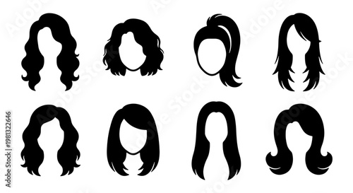 Woman hairstyle silhouette collection, 8 female hair vector icons, black wig and haircut styles for beauty salon branding and fashion design