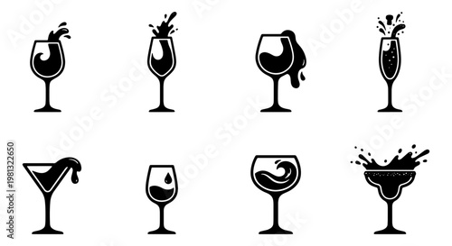 Minimalist wine glass icons with liquid splashes, set of 8 black cocktail and wine silhouettes, elegant drink glassware vector illustrations