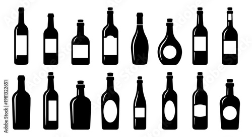 Black wine bottle silhouettes with white labels, 16 alcohol glass bottle icons set, minimalist beverage packaging vector collection for menu design