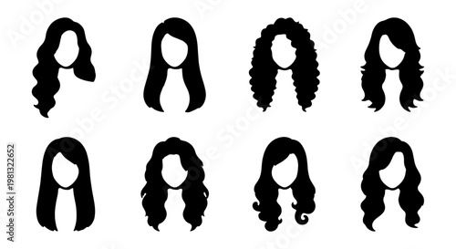 Woman hairstyle silhouette collection, set of 8 female hair icons, long curly and straight hair vector shapes for beauty salon branding