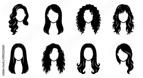 Woman hairstyle silhouette collection, 8 female hair icons set, black long wavy and curly hair types, beauty salon vector elements for branding