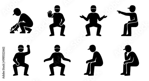 Catcher silhouette icons set, baseball player in squatting and sitting poses, 8 black vector pictograms of athlete in uniform and cap