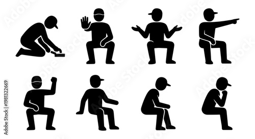Black stick figure man sitting and kneeling poses, set of 8 vector icons, male character in various seated positions and gestures
