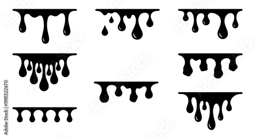 Black dripping paint vector set, liquid ink drips and splatter silhouettes, 8 melting oil or chocolate drop elements for graphic design
