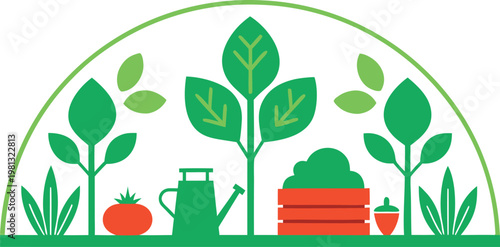 Flat of a greenhouse with plants, tomato, watering can, and wooden crate