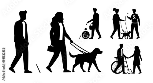People with disabilities guide dog flat vector set accessibility EPS10 isolated on white
