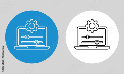 Laptop with settings gear and sliders, technology for system adjustment and configuration concept.