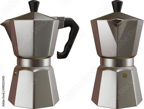 isolated coffee maker front and side view. moka pot 3d realistic illustration. Italian moka vector