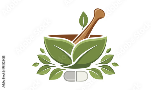 A green mortar and pestle surrounded by leaves and a white pill on a clean surface