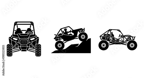 Off-road buggy vector icons, extreme UTV side-by-side vehicle silhouettes, black and white 4x4 sand rail buggy set for adventure sports