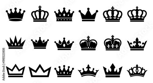 Royal crown silhouettes set, 18 black imperial tiara icons, vintage heraldic king and queen headwear vector, elegant monarch jewelry symbols