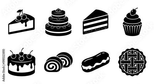 Black cake icons set, 8 bakery dessert vector elements, minimalist pastry and sweet food silhouettes, professional cafe menu graphics