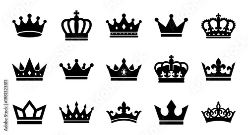 Royal crown icons set, 15 black silhouette king and queen crowns, heraldic imperial tiara symbols, elegant monarch headwear vector collection