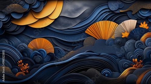 Intricate paper waves and golden fans create a dynamic, layered ocean scene. The detailed craftsmanship evokes movement, elegance, and natural beauty, texture, ornament on japanese theme.