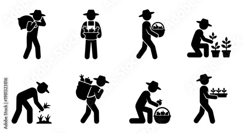 Farmer stick figure icon set, agricultural worker silhouettes harvesting crops, 8 garden laborer vector elements for organic farming infographics