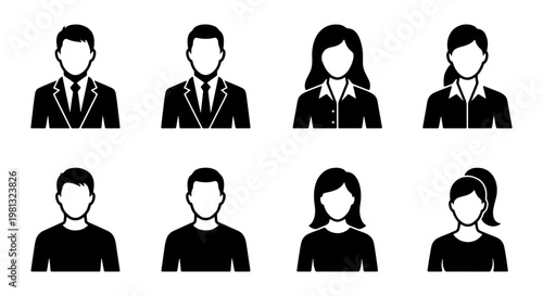 Professional business avatar icon set, 8 corporate profile silhouettes for web and mobile UI, black and white office worker headshot symbols