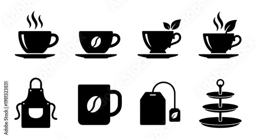 Minimalist coffee and tea icon set, 8 black vector symbols for cafe branding, beverage mug and tea cup illustrations, barista apron and cake stand icons