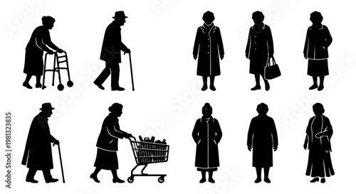 Elderly people silhouettes set, senior citizens with walking frame and shopping cart, black vector icons of retired men and women in coats