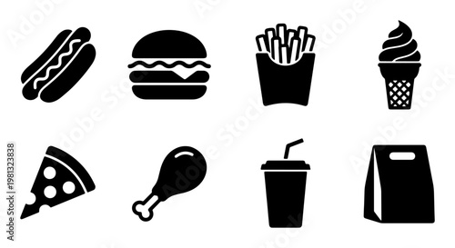 Fast food icon set with 8 black vector elements, junk food silhouettes including burger and pizza, takeout meal symbols for restaurant menus