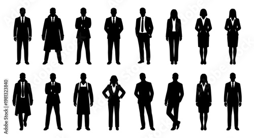 Business people silhouettes set, professional corporate worker icons, black human figures in formal suits, 15 office employee vector elements