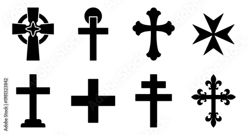 Religious cross icons set, black christian symbols collection, 8 vector crucifix silhouettes including celtic and maltese styles for church design