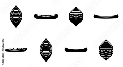 Canoe and kayak vector icons set, black silhouette boat symbols for outdoor recreation, watercraft equipment collection for camping and lake activities