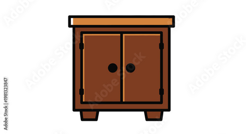 A simple cartoon illustration depicting a wooden cabinet with two doors and short legs
