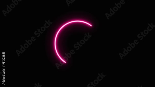 Glowing pink neon arc animation drawing on a black background, loading indicator, progress bar, user interface, or abstract technology